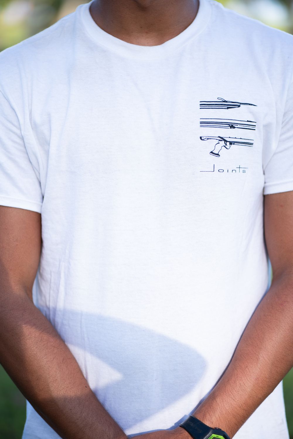 Front view of JOINTS White V115X Spearfishing T-Shirt