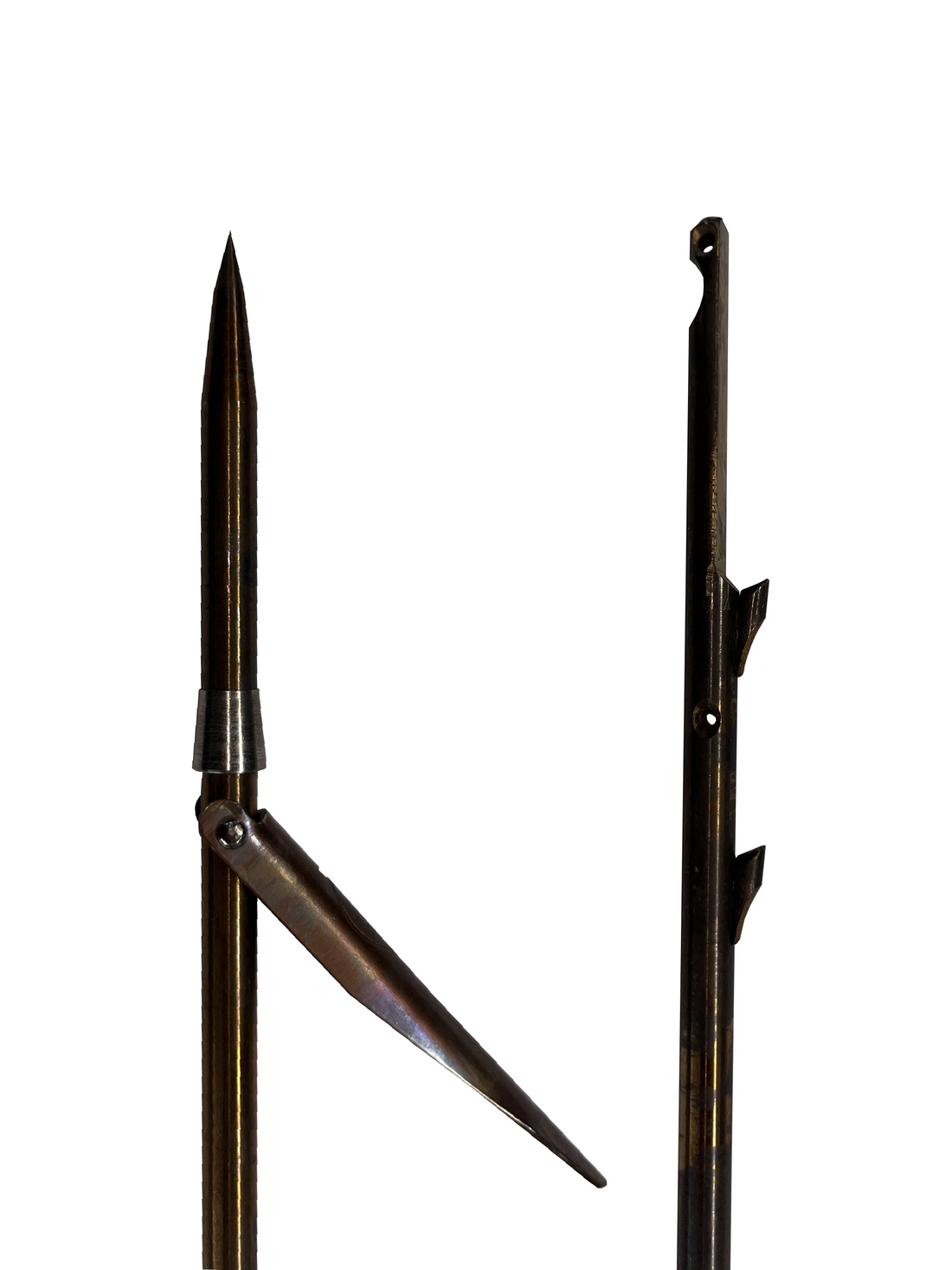 Single Flopper 7.5x140 spearfishing shaft made from 17-4 PH stainless steel with shark fins and Euro notch